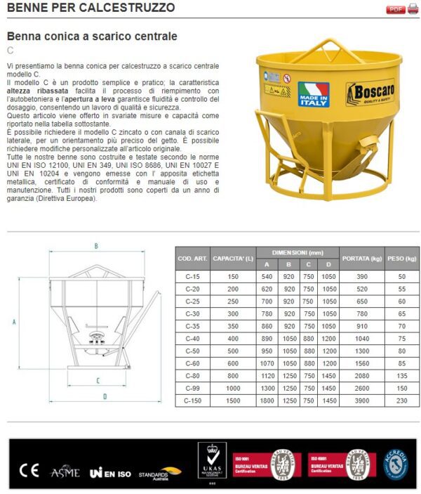 Benna per Calcestruzzo Conica Scarico Centrale Boscaro