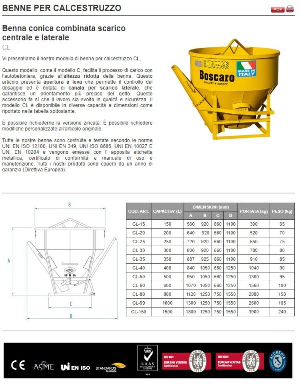 Benna per Calcestruzzo Conica Scarico Centrale Boscaro