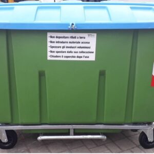 Cassonetto per raccolta rifiuti rsu da 1300 litri in polietilene, pesa 90 kg.