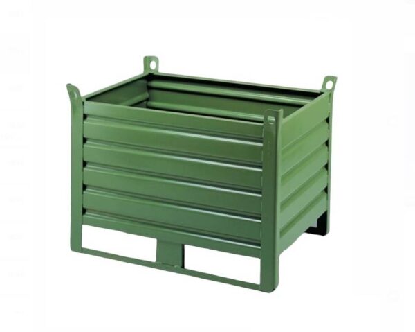 Contenitore in lamiera con piede scatolato di colore verde, portata 800 kg.