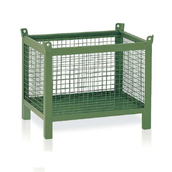 Contenitore in rete con piede scatolato in metallo di colore verde con portata fino a 800kg