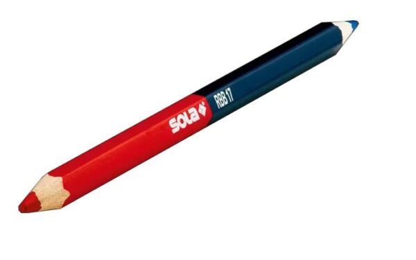Matita bicolore rosso blu lunga 17,5 centimetri.
