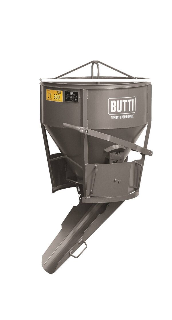 Benna conica butti con canalina orientabile per scarico centrale e laterale per calcestruzzo.