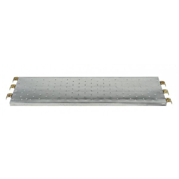 TAVOLA PIANO DI LAVORO PER PONTEGGIO IN LAMIERA ZINCATA DI DIMENSIONI 180 X 50 CM CON ATTACCO A DESTRA, TESTATA IN LAMIERA DECAPATA E  GANCI SALDATI