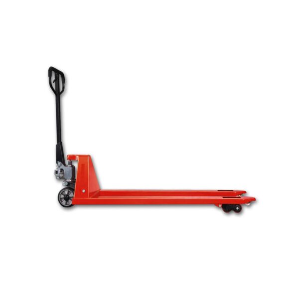 TRANSPALLET MANUALE VERNICIATO A FUOCO  2500kg CON PISTONE CROMATO E PROTEZIONE SOVRACCARICO