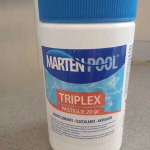 Il Triplex è un prodotto combinato a marchio marten che unisce all’azione di clorazione lenta, un’azione preventiva di distruzione delle alghe nelle piscine. Disponibile nella versione da 1 kg contenente pastiglie da 20 gr