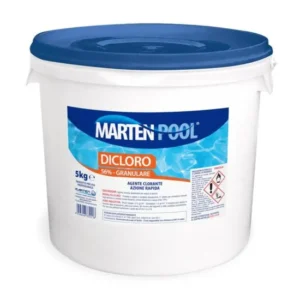 PROPRIETA’ CHIMICO FISICHE del Dicloro Granulare 5kg: Stato fisico Solido granulare Colore Bianco Odore Forte di cloro pH 5,5 - 7 Densità 2,07 Kg/L Solubilità 25g/100ml a 30°C Ottimo agente clorante per piscina.