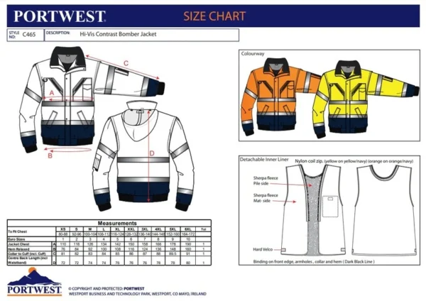 Tabella taglie bomber portwest