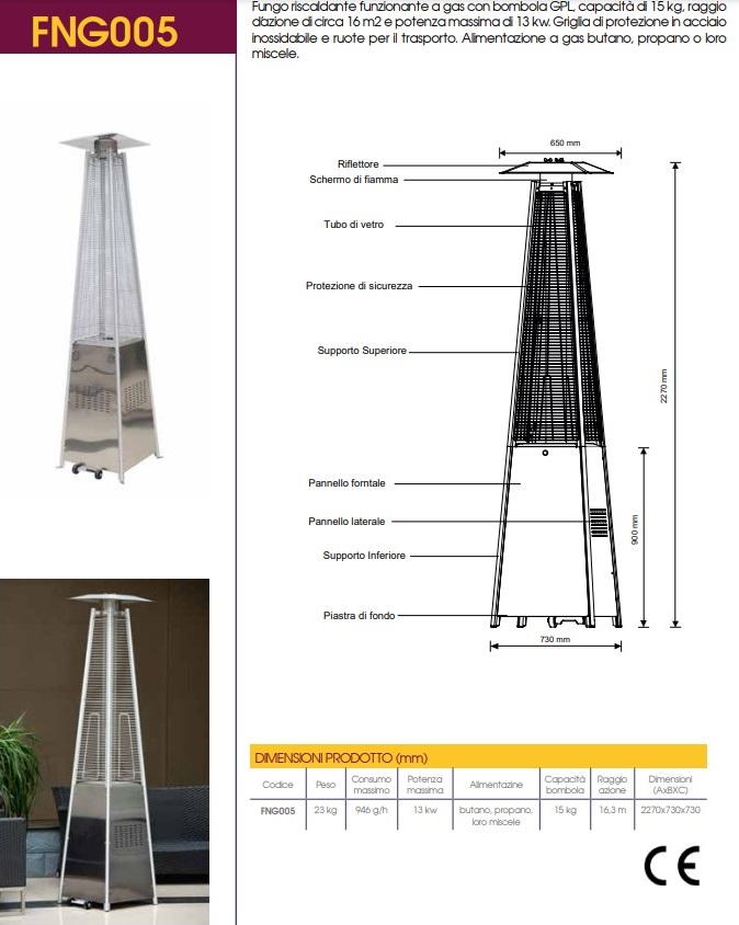 Fungo riscaldante per esterni funzionante a gas con capacità di 15 kg e potenza massima di 13 kw