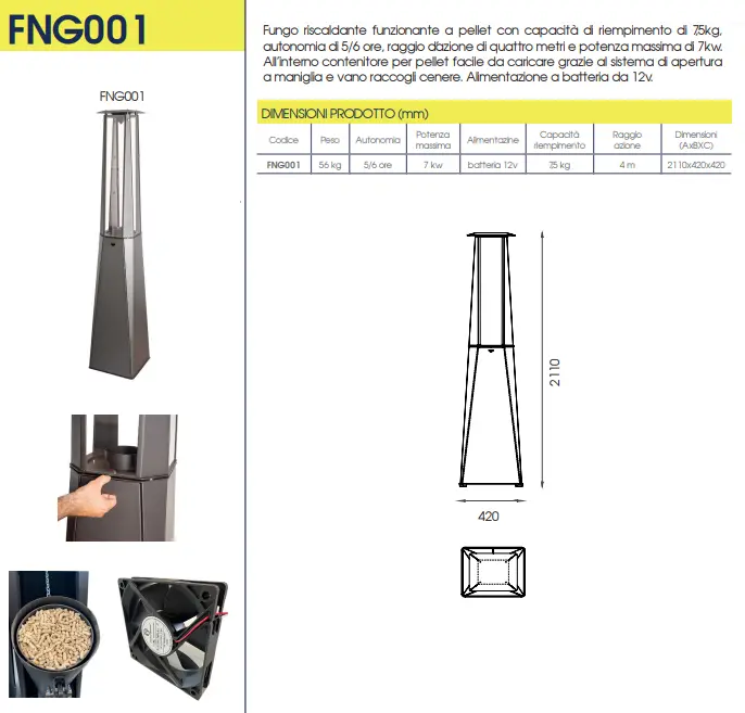 Fungo riscaldante funzionante a pellet con kit batteria 12v per ambienti esterni da 7kw