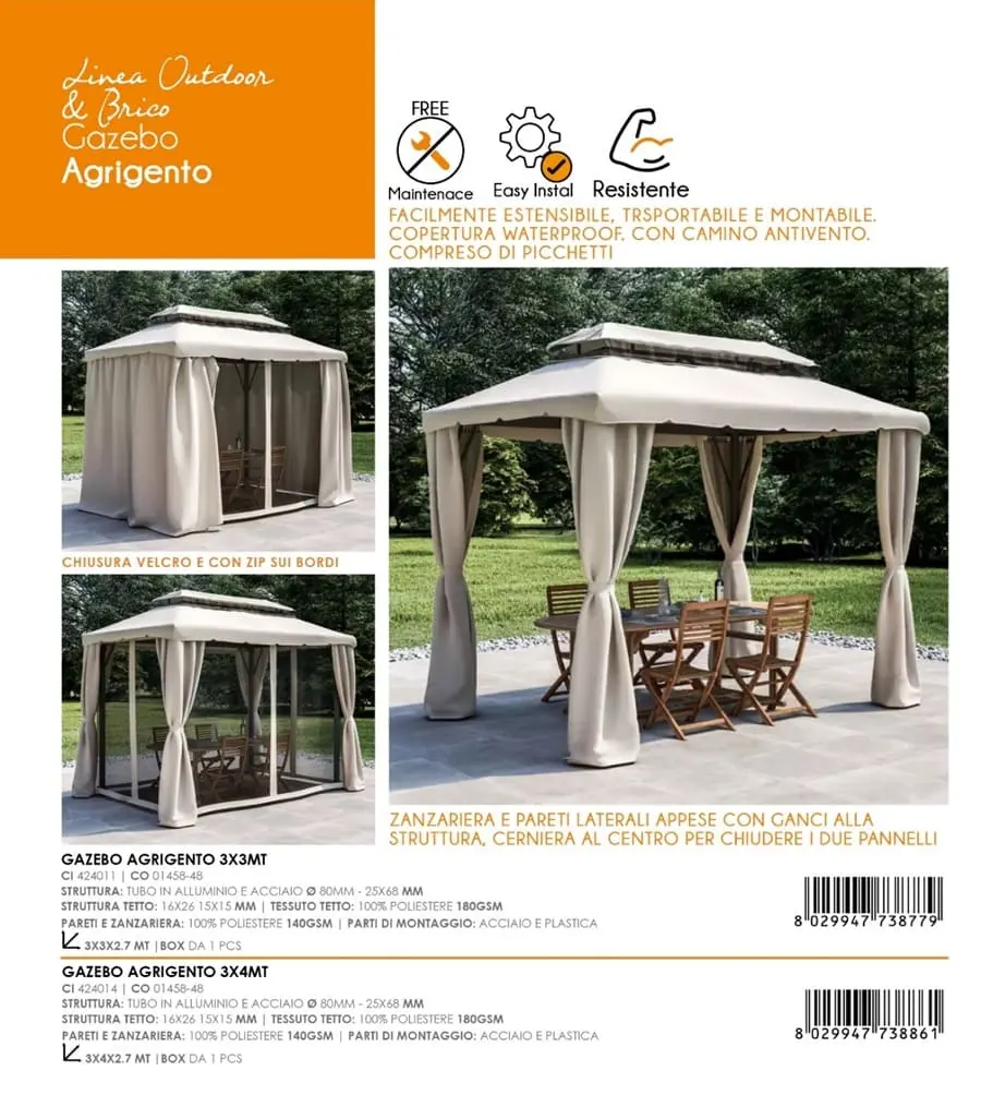 Gazebo con Zanzariera Zip e Pareti Laterali Facilmente Estensibile, Trasportabile e Montabile Con Camino Antivento e picchetti inclusi.